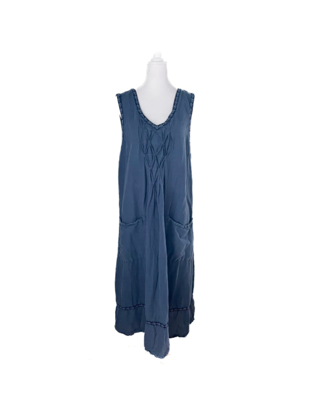 Gudrun Sjoden Embroidered Pinafore Midi Dress Size XL Blue Linen Blend Lagenlook